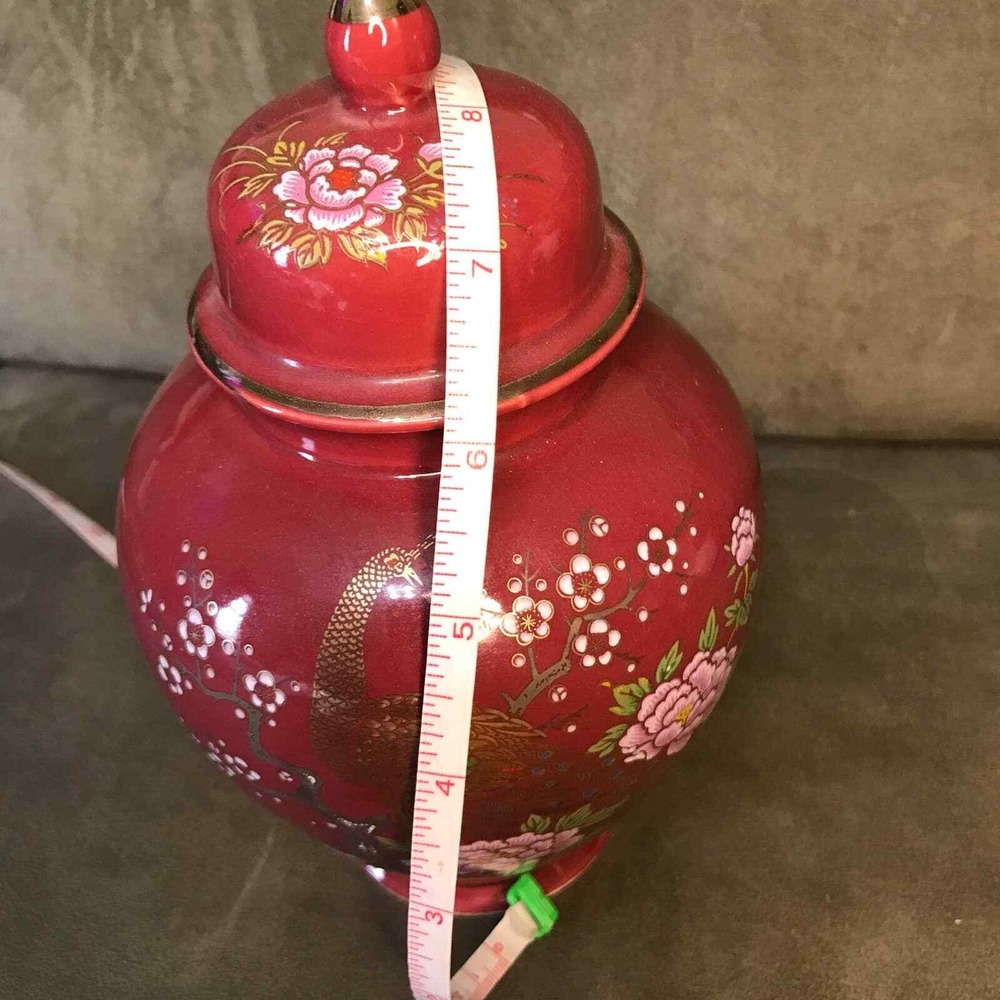 Vintage Artmark Japanese Ginger Jar Burgundy & Gold Peacock Urn & Lid approx 9"